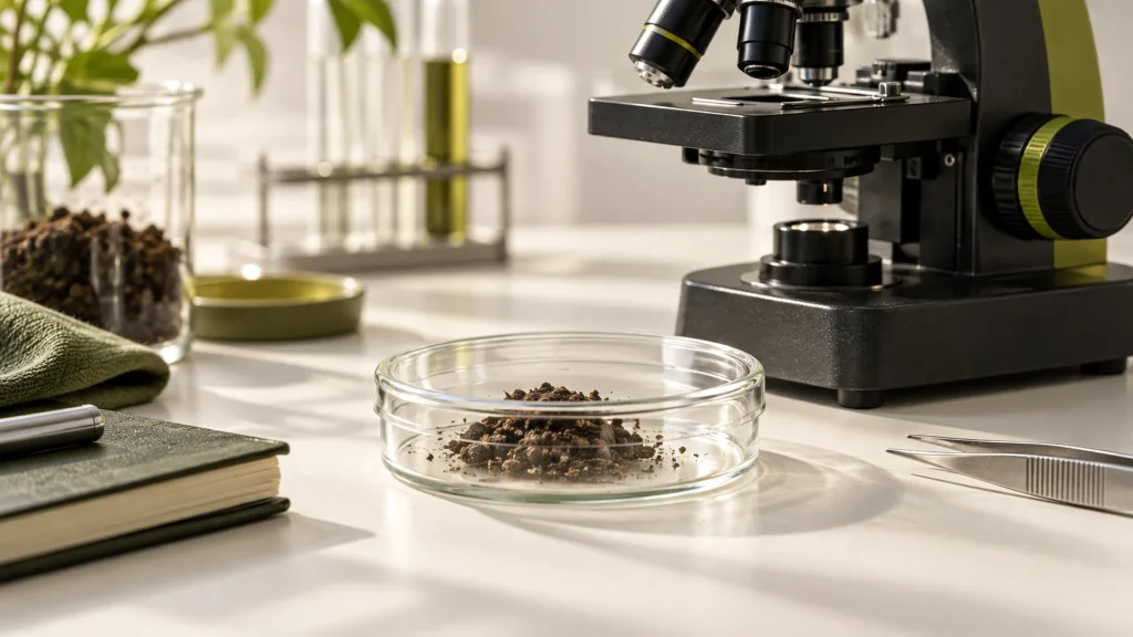 Microscope and a glass dish containing soil on an off-white laboratory bench.