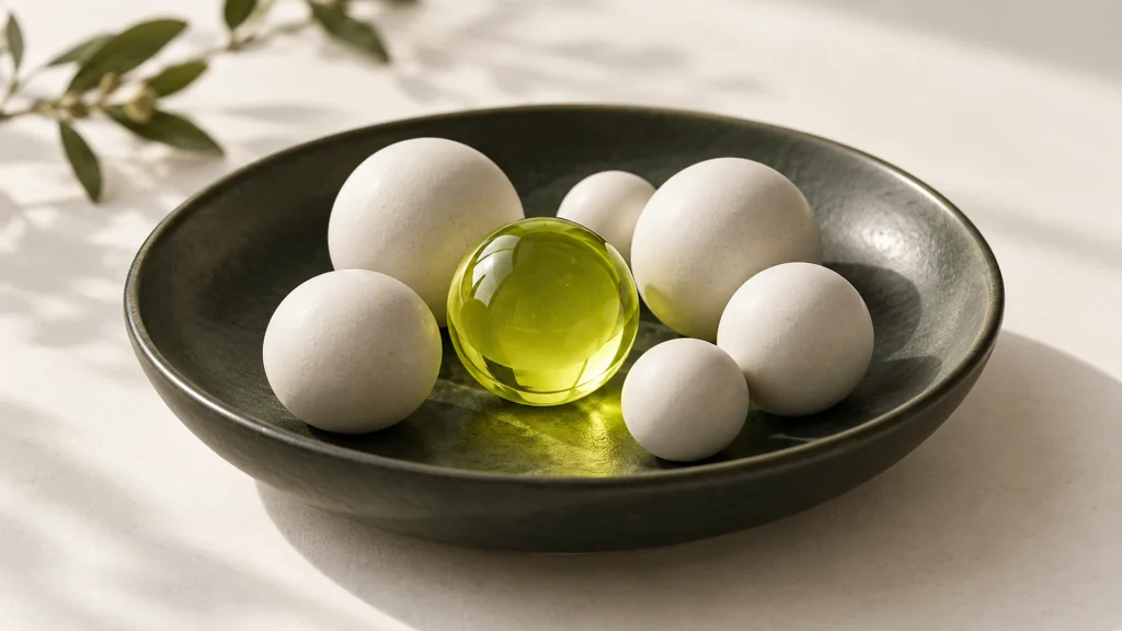 A lime glass sphere among off-white ceramic spheres in a dark shallow dish.