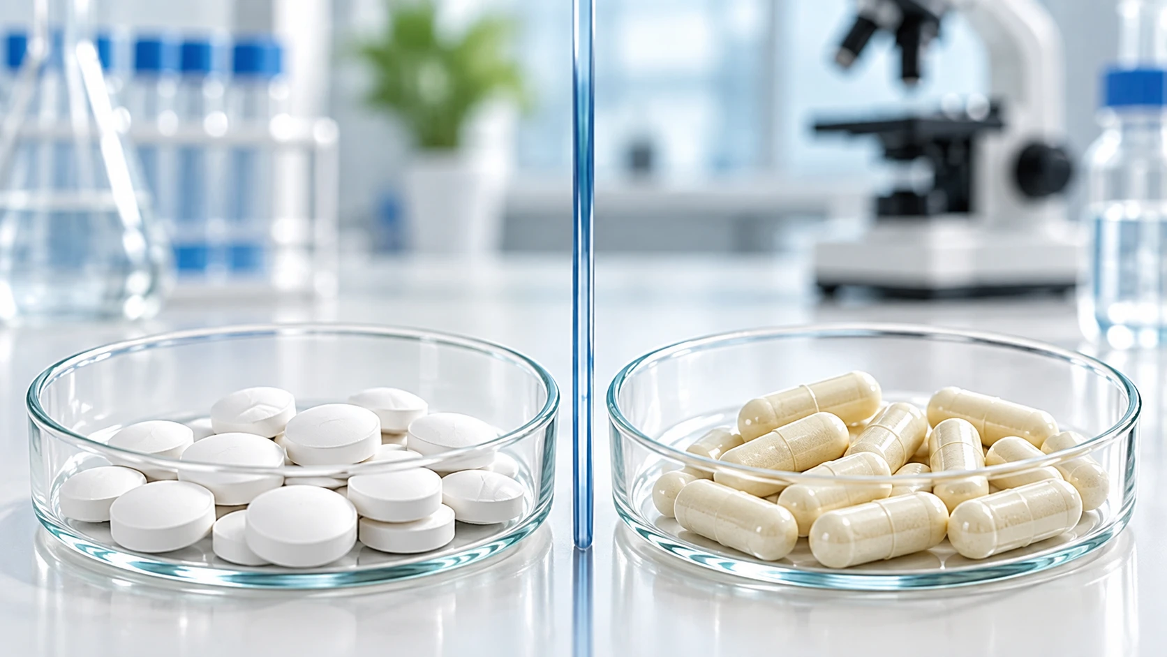 Two laboratory dishes with different generic solid dosage forms separated by a glass divider.